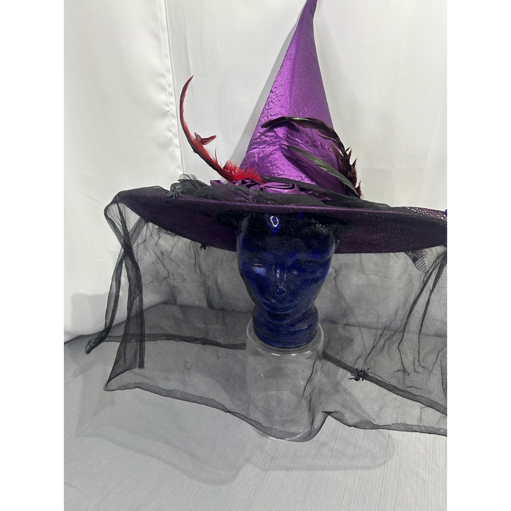 Purple Witch Hat with Black Veil Feathers Spiders Halloween Costume Accessory